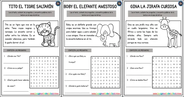 Sopa de letras en inglés imprimir con tres animales: Tito el tigre, Boby el elefante y Gina la jirafa.