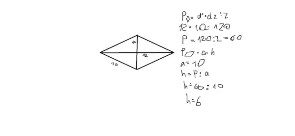 Rysunek rombu z zaznaczonymi długościami boków i przekątnych oraz wzory matematyczne.