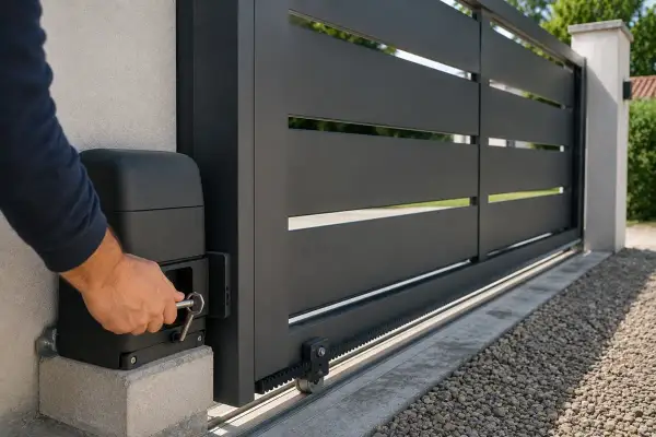 Main tenant utilise une clé pour comment débrayer un portail électrique. Le portail est gris foncé, moderne, avec des lattes horizontales.
