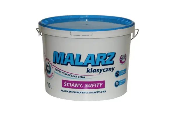 Biała farba emulsyjna MALARZ klasyczny, 10L. To farba emulsyjna o spoiwie organicznym, idealna do ścian i sufitów.