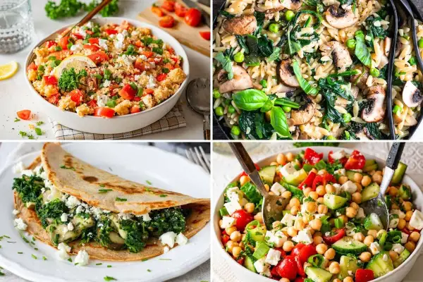 Vier gesunde Gerichte: Couscous-Salat, Nudelgericht mit Pilzen, gefüllter Crêpe und Kichererbsensalat.