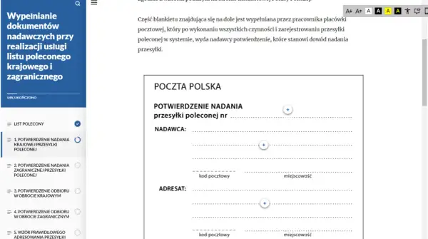 Formularz "Potwierdzenie nadania przesyłki poleconej" Poczty Polskiej. Wypełniany przez pracownika poczty, stanowi dowód nadania.