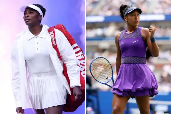 Venus Williams in white, carrying a Wilson bag, and Naomi Osaka in purple, showcasing the ultimate tennis aesthetic.