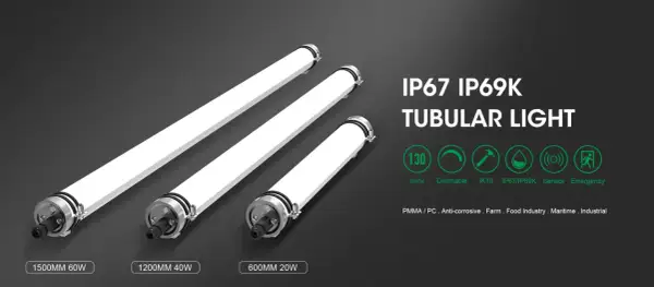 Trois tubes lumineux IP67 IP69K, parfaits pour l'industrie alimentaire. Le signification IP69K garantit une protection contre les jets d'eau à haute pression et température.