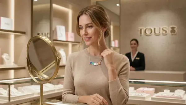 Mujer sonriente admira su collar Tous con ositos de colores, incluyendo un verde vibrante, frente a un espejo en una joyería.