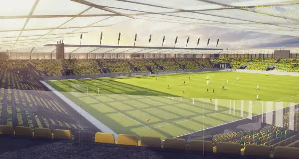 Nowy stadion GKS Katowice z żółto-zielonymi trybunami. Wyobraź sobie jego pojemność podczas meczu!