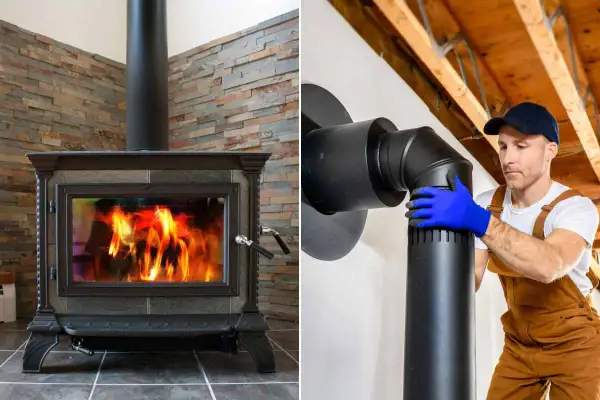 Poêle à bois intérieur avec flammes vives et installation d'un conduit de cheminée par un ouvrier.