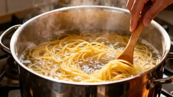 Des pâtes spaghetti bouillonnent dans une casserole, prêtes à être mélangées avec du pistou pour un plat savoureux.