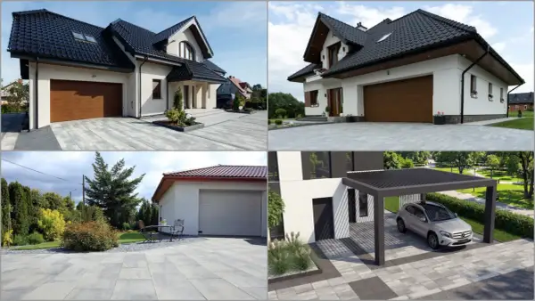 Nowoczesny podjazd do domu z garażem i wiatą samochodową. Eleganckie płyty betonowe tworzą schludną przestrzeń.