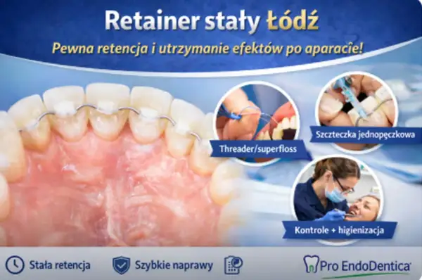 Retainer stały to pewna retencja zębów po leczeniu ortodontycznym. Pokazano higienę z użyciem nici dentystycznej i szczoteczki jednopęczkowej.