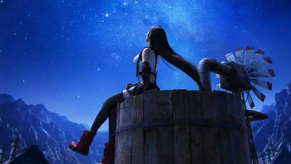 Tifa Lockhart blickt unter dem Sternenhimmel auf, während die Kraft der Musik von FF7 Remake die Nacht erhellt. Ein Windrad steht neben ihr.