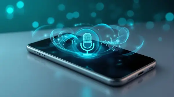 Telefon z ikoną mikrofonu i falami dźwiękowymi, symbolizujący asystenta głosowego. Bixby co to? To właśnie interfejs do komunikacji głosowej.