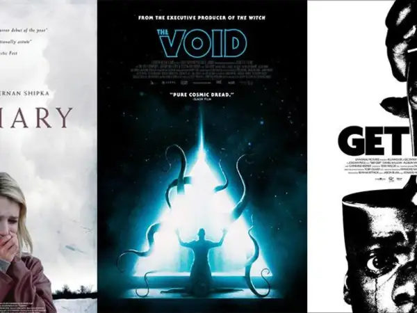 Plakaty filmowe: "The Void" z kosmicznym horrorem, "Get Out" z przerażającą twarzą i "Diary" z płaczącą dziewczyną. To idealne horrory o opetaniach.