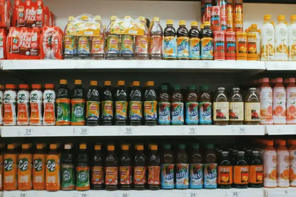 Rayons de supermarché remplis de bouteilles de thé glacé, de jus et de boissons. On y trouve des marques comme Lipton, Nestea et C2. Certaines bouteilles contiennent du bicarbonate dans l'eau pour une touche pétillante.
