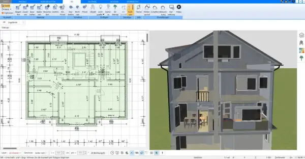 Grundriss und 3D-Ansicht eines Hauses. Die detaillierten Pläne zeigen Maße und Räume, während die 3D-Ansicht einen Einblick in die Innenarchitektur gibt. So kann man sich vorstellen, wie lange dauert ein hausbau.