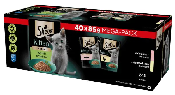 Opakowanie karmy Sheba Kitten z kotkiem, które sugeruje, czy sheba to dobra karma dla małych kotów. Zawiera wybór smaków z łososiem i kurczakiem.