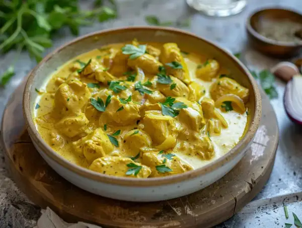 En krämig kyckling curry med bitar av kyckling, lök och persilja. Serveras i en skål på ett träfat.