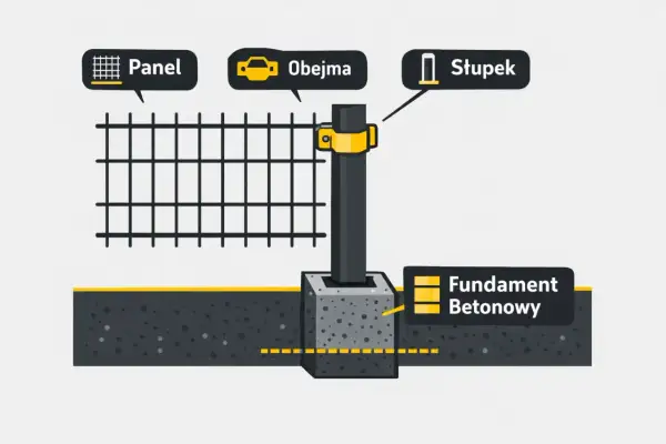 Schemat przedstawia elementy ogrodzenia panelowego: panel, obejmę, słupek i fundament betonowy.