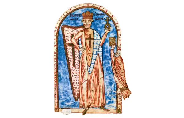 Ilustracja przedstawia cesarza Fryderyka I Barbarossę w koronie, trzymającego berło i księgę. Obok niego stoi postać z księgą.