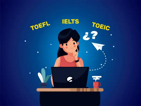Chica pensativa frente a su laptop, dudando entre TOEFL, IELTS y el **toeic examen**.