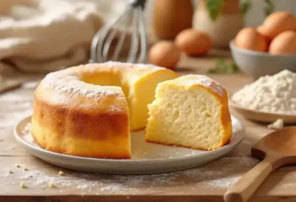 Un délicieux gâteau sans lait, saupoudré de sucre glace, avec une part coupée. Des œufs et de la farine sont visibles en arrière-plan.