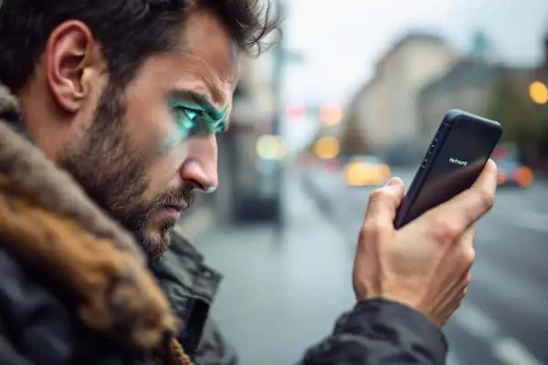 Un homme regarde son téléphone, ses yeux brillent d'une lumière bleue. Le téléphone affiche "Netfront", mais il est non enregistré sur le réseau Samsung.