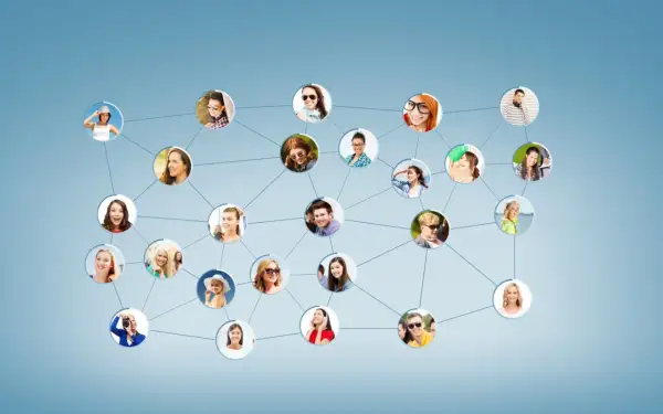 Sieć powiązań między ludźmi, ilustrująca koncepcje z zakresu socjologii i relacji społecznych.