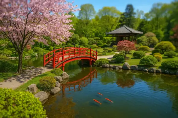 Ein malerischer japanischer Garten in Breslau mit Kirschblüten, einem roten Brückenbogen über einem Teich mit Koi und einem Pavillon.