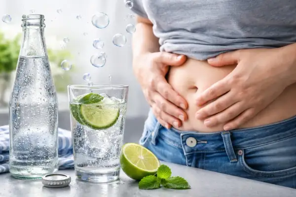 Une personne tient son ventre gonflé, à côté d'une bouteille et d'un verre d'eau gazeuse avec du citron et de la menthe. L'eau gazeuse peut parfois causer des gaz intestinaux.