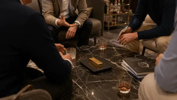Mężczyźni w eleganckich strojach dyskutują przy stoliku, na którym leży sztabka złota. To symbol bogactwa i sukcesu, jak złoto c hafner.