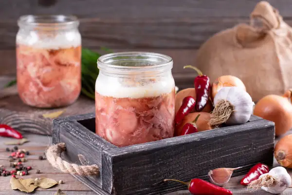 Słoiki z mięsem, idealne do sosu do spaghetti. Obok cebula, czosnek i papryczki chili. Czy można zawekować sos do spaghetti z mięsem? Tak!