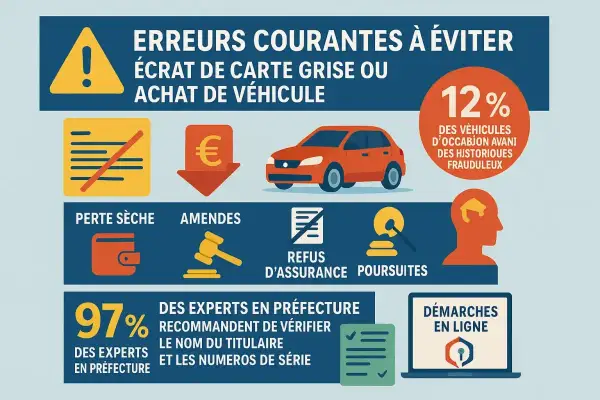 Erreurs courantes à éviter lors de l'achat d'un véhicule : vérifiez la carte grise, les numéros de série et le nom du titulaire pour éviter amendes et poursuites.