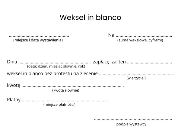 Weksel in blanco do wypełnienia, z polami na datę, kwotę, wierzyciela i podpis wystawcy.