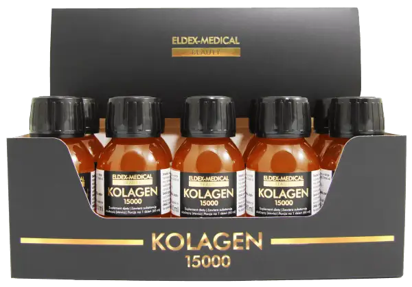 Zestaw sześciu buteleczek z płynnym hydrolizowanym kolagenem 15000 mg. Opakowanie z logo Eldex-Medical Beauty.