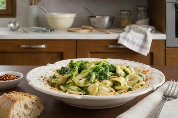 Piatto di orecchiette cime di rapa, condite con peperoncino e pangrattato, su un tavolo di legno.
