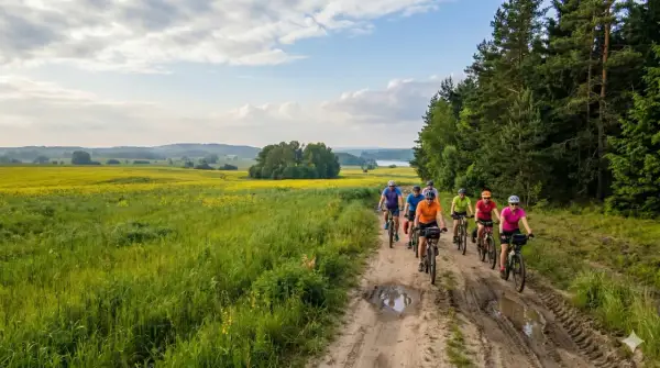 Grupa rowerzystów przemierza malownicze **olsztyńskie trasy rowerowe** wśród pól rzepaku i lasów.