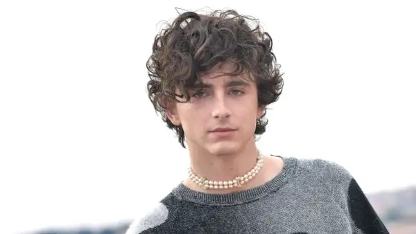 Timothée Chalamet, avec sa coupe bouclée iconique, porte un collier de perles et un pull gris.