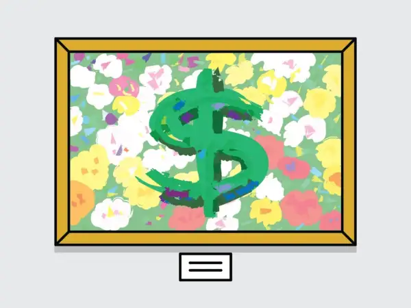 A painting of a green dollar sign on a floral background, framed in gold. This artwork reflects current art market trends, where symbols of wealth are often juxtaposed with nature.