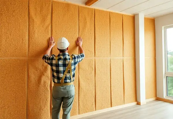 Pose d'une isolation mur intérieur en liège. Avis : ce matériau est idéal pour une bonne acoustique.