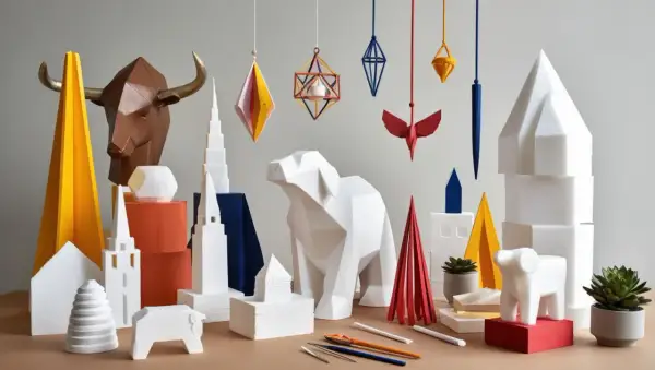 Idée déco avec du polystyrène : sculptures géométriques d'animaux, de bâtiments et de formes abstraites, créant un univers ludique et moderne.