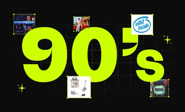 A vibrant 90s design featuring the number "90's" in neon green. Small images of a Mentos ad, a couple by a car, an Intel Inside logo, a digital camera, and a Neutrogena ad evoke the era.