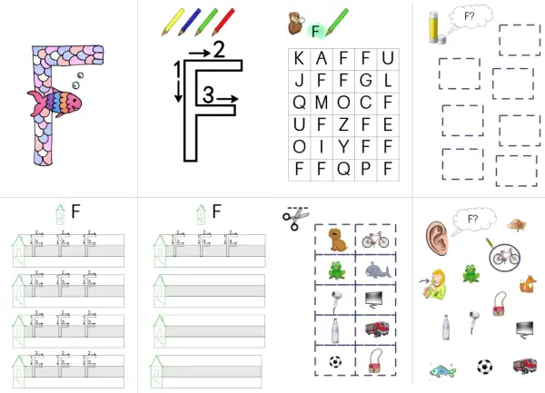 Arbeitsblatt für den **Buchstabe F Grundschule**: bunter Fisch am großen F, Schreibübung, Buchstabensalat, Bilderrätsel.