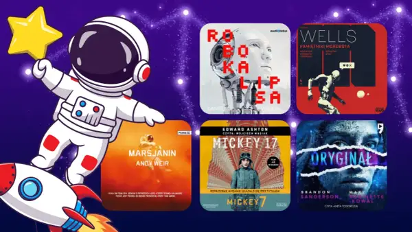 Astronautka na rakiecie i okładki książek science fiction, w tym "Marsjanin" i "Robokap". To świetny przykład, co to jest replika - książki inspirowane podobnymi motywami.
