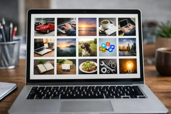Laptop wyświetla galerię grafik na stronę internetową: samochód, praca przy komputerze, zachód słońca, kawa, pies, ikony mediów społecznościowych, miasto, książki, jedzenie, narzędzia, żarówka.