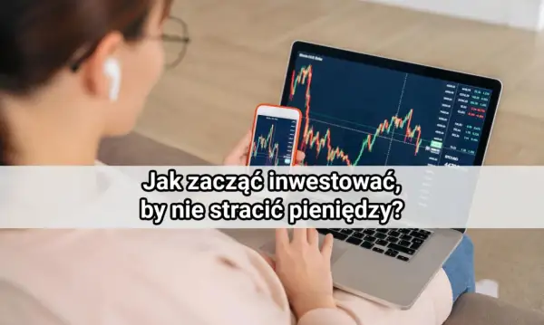 Kobieta analizuje wykresy na telefonie i laptopie, planując inwestycje w akcje polskich spółek.