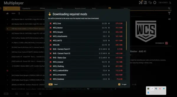 Okno gry Arma 3 z listą pobieranych modów i informacją o połączeniu z serwerem.