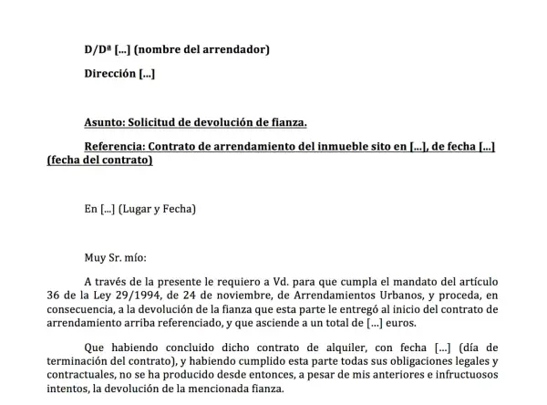 Solicitud de devolución de fianza de alquiler. El documento detalla la referencia del contrato y la petición formal para el retorno del depósito.