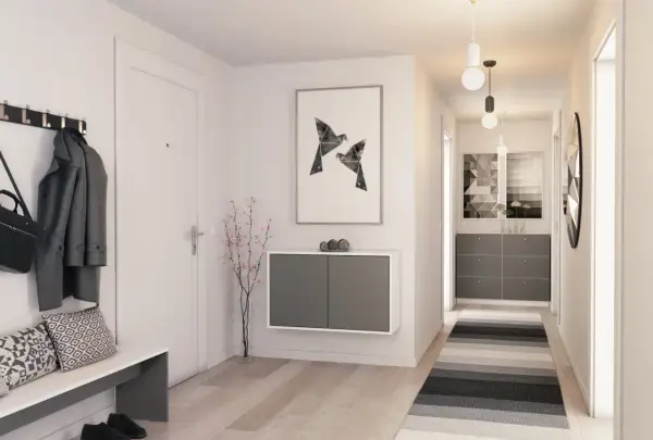Moderne Garderobe Ideen: Hängende Kommode, Sitzbank, Mantel und Tasche an der Wand, Kunst und ein schmaler Teppich.