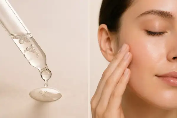 Goutte de sérum sur une pipette et femme appliquant un soin sur sa joue.