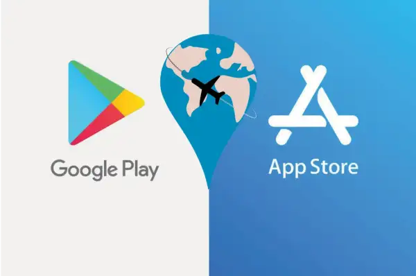 Logos de Google Play y App Store, con un globo terráqueo y avión, representando aplicaciones de viajes.